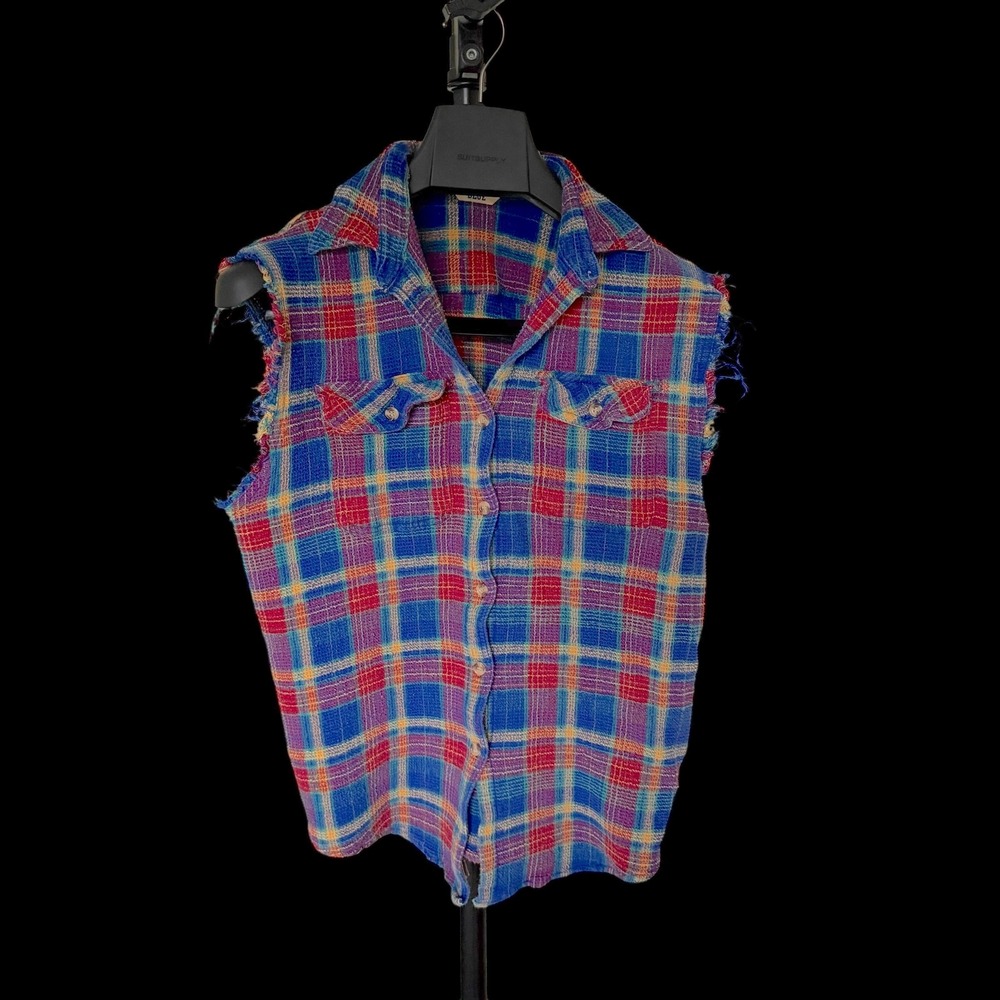 90's Northwest Blue Plaid Flannel Sleeveless Shirt Raw Hem Blue Red Yellow M